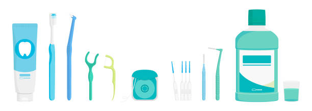 Oral care and hygiene products. Vector illustration. Vector illustration of dental cleaning tools such as toothbrush, tuft toothbrush, toothpaste, dental floss, Interdental brush and mouthwash isolated on background. dental floss stock illustrations