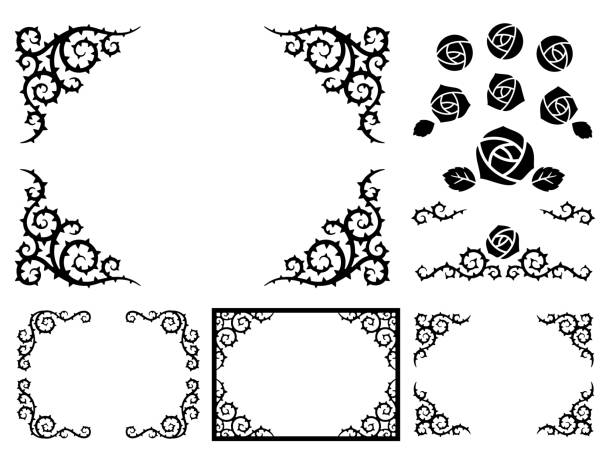 zestaw ilustracji ozdobnych ramek cierniowych i ikon kwiatów róży - thorn stock illustrations