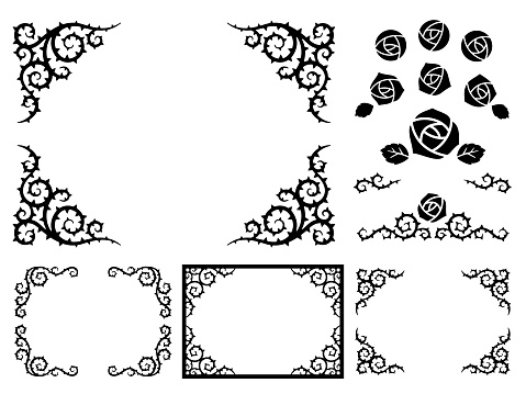 Illustration set of rose flower icons and thorn decoration frames