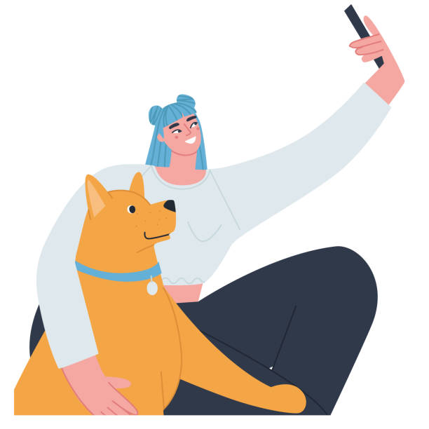 ilustrações de stock, clip art, desenhos animados e ícones de a girl with a big dog takes a photo of herself on her phone. fashionable flat vector illustration - animal cell illustrations