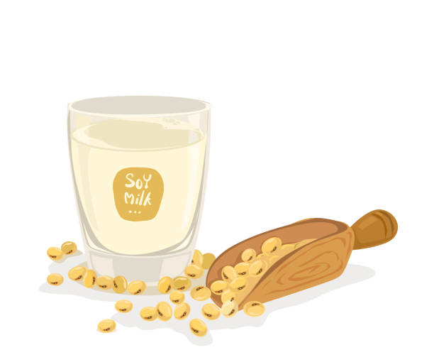 ein glas sojamilch mit sojabohnen in einem großen holzlöffel isoliert auf weißem hintergrund. - soymilk stock-grafiken, -clipart, -cartoons und -symbole