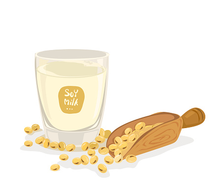 A glass of soy milk with soybeans in a wooden big spoon isolated on white background. Vector illustration.