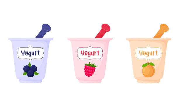 ilustrações de stock, clip art, desenhos animados e ícones de yoghurts in a cup with a spoon. blueberry, raspberry, peach, yogurt, dairy product, healthy food. flat, cartoon style. color vector illustration isolated on a white background. - white background container silverware dishware