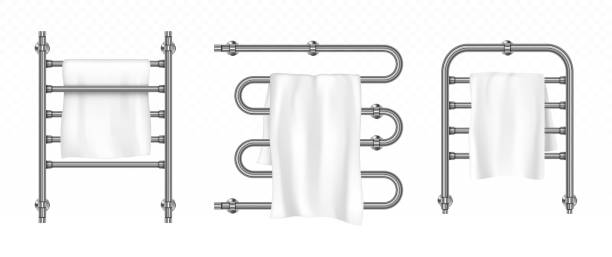 illustrazioni stock, clip art, cartoni animati e icone di tendenza di l'asciugamano pende sull'asciugatrice con rotaie metalliche - towel hanging bathroom railing