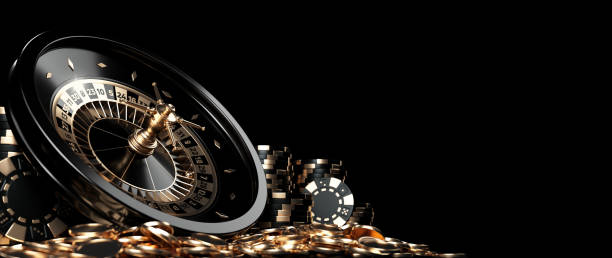 Roulette Wheel, Chips And Coins, Modern Black And Golden - 3D Illustration Roulette Wheel, Casino Chips And Coins, Modern Black And Golden Isolated On The Black Background. Empty Space For Logo Or Text. gambling stock pictures, royalty-free photos & images