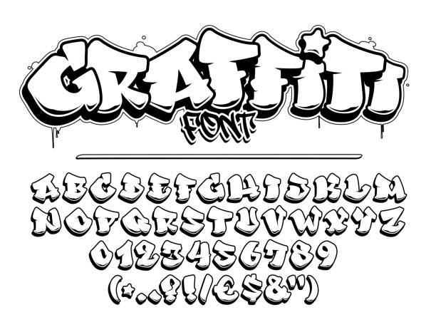 illustrazioni stock, clip art, cartoni animati e icone di tendenza di carattere vettoriale graffiti. alfabeto lettere maiuscole, numeri e glifi. - graffiti