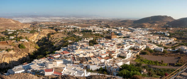 Aerial panoramic view of the touristic town of Nijar in Almeria, Spain stock photo