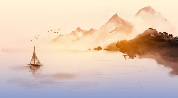 pemandangan laut matahari terbit oriental dengan perahu layar memancing dan pantai berbatu dengan pepohonan. lukisan tinta oriental tradisional sumi-e, u-sin, go-hua. - lukisan ilustrasi stok