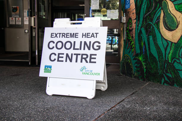 View of sign Extreme Heat Cooling Centre at the entrance of Denman Community Centre stock photo