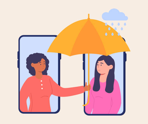 Young female character is cheering up sad friend over the phone Young female character is cheering up sad friend over the phone. Concept of woman supports female with problems. Online therapy for people under stress and depression. Flat cartoon vector illustration woman comforting depressed friend stock illustrations