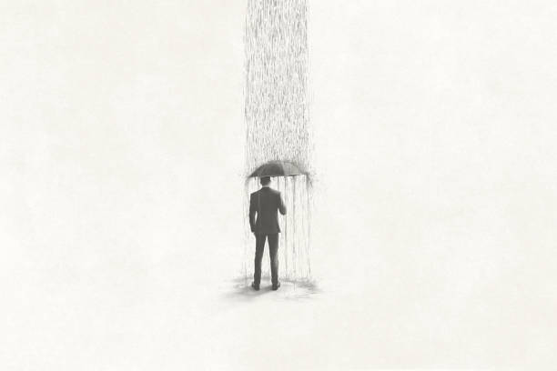 istock Illustration of unlucky sad business man under rain, surreal concept 1332080270