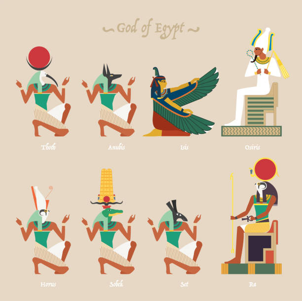 egyptian god An animal-headed Egyptian god kneels before the god Osiris. vector design illustrations. janus head stock illustrations