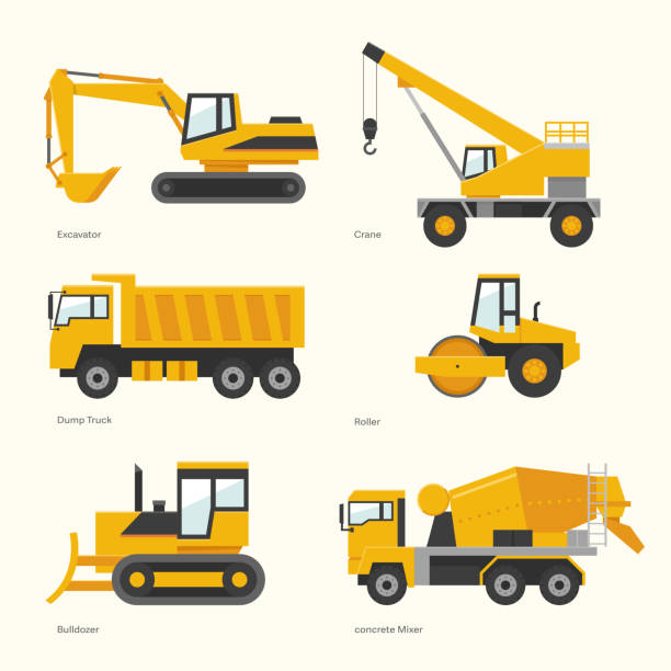 illustrazioni stock, clip art, cartoni animati e icone di tendenza di veicoli pesanti utilizzati nei cantieri. - construction equipment