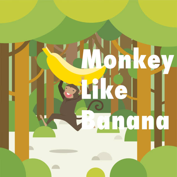 Playful monkey character Monkey running through the forest with a banana in hand. vector design illustrations. clip art of a monkey holding banana stock illustrations