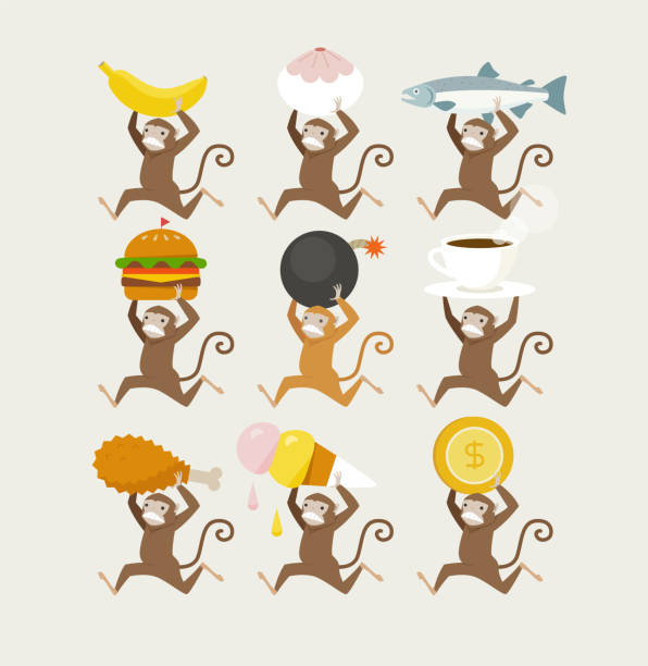 Playful monkey character A monkey character running away with various objects in his hand. vector design illustrations. clip art of a monkey holding banana stock illustrations