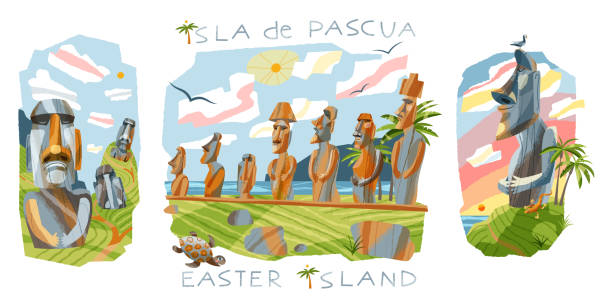 illustrazioni stock, clip art, cartoni animati e icone di tendenza di statue moai nel set dell'isola di pasqua. famose sculture in pietra in cile illustrazione vettoriale. tour di viaggi e turismo con antiche figure di mystery rock in sud america. architettura in natura - easter island moai statue chile sculpture