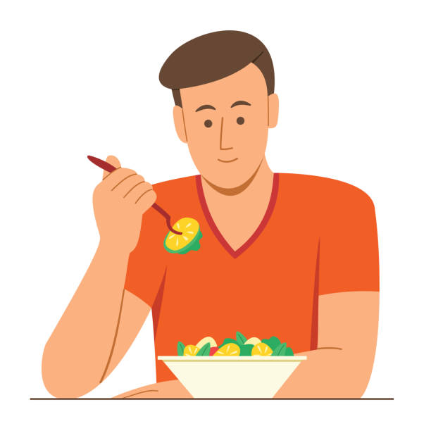 illustrazioni stock, clip art, cartoni animati e icone di tendenza di l'uomo mangia l'insalata per una buona salute. - eating