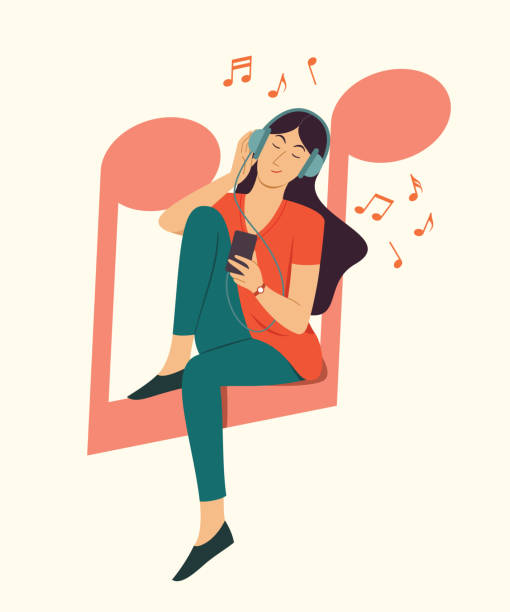 ilustrações de stock, clip art, desenhos animados e ícones de woman sit on big musical note symbol and listen a song from smart phone. - animated cartoon music teens arts and entertainment