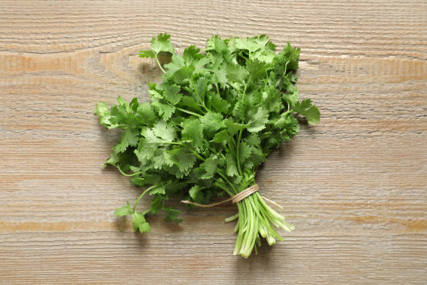 istock Bunch of fresh aromatic cilantro on wooden table, top view 1332085548