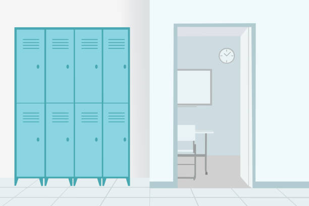 교실에서 사물함과 열린 문이 있는 빈 학교 복도 - 벽시계 일러스트 stock illustrations