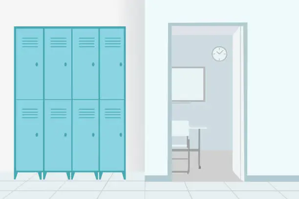 Vector illustration of Empty School Corridor With Lockers And Open Door In Classroom