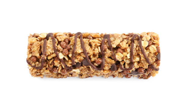 istock Granola bar with chocolate isolated on white, top view. High protein snack 1332085856