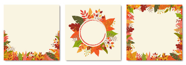 Autumn or Fall background set with colorful leaves. Square banner or leaf frame or border templates for flyer, sale, thanksgiving posters, promotion cards, social media posts. Vector illustration. Autumn or Fall background set with colorful leaves. Square banner or leaf frame or border templates for flyer, sale, thanksgiving posters, promotion cards, social media posts. Vector illustration. thanksgiving background stock illustrations
