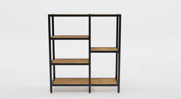 istock Wooden shelving with metal base, front view. Blank rack in loft style for interior office or home, modern design. Mockup shelves for storage isolated on white background. Realistic 3d illustration 1332087230
