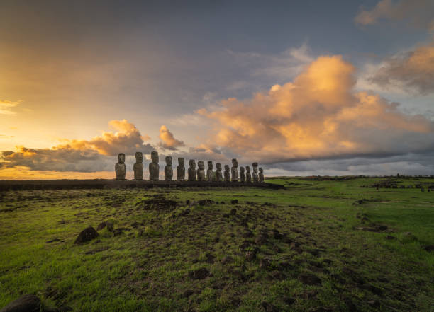 Ahu Anakena moai statues at the Easter Island The famous moai of the Easter island during the sunny day. No people. moai statue rapa nui stock pictures, royalty-free photos & images