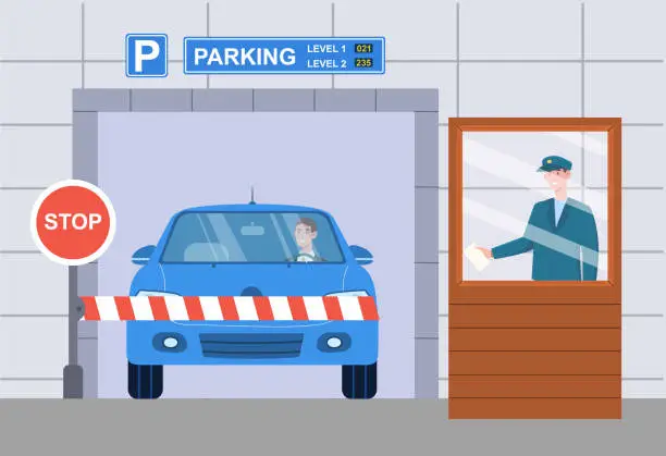 Vector illustration of Male character is checking vehicle ticket at parking entrance with barrier