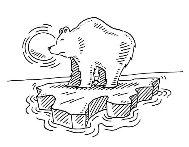 Vector illustration of Polar Bear On Melting Ice Symbol Drawing