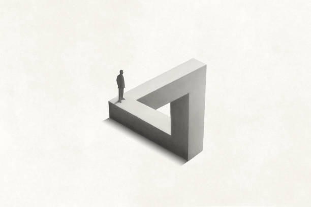 иллюстрация человека, иду�щего по треугольнику пенроуза, оптическая иллюзия сюрреалистической концепции - illusion triangle solution business stock illustrations