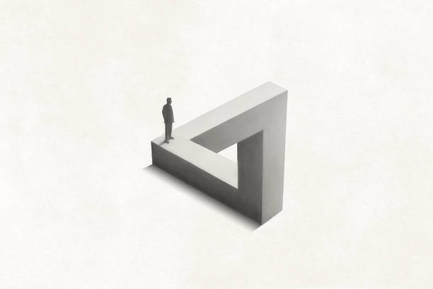 Illustration of man walking on Penrose triangle, optical illusion surreal concept Illustration of man walking on Penrose triangle, optical illusion surreal concept illusion stock illustrations