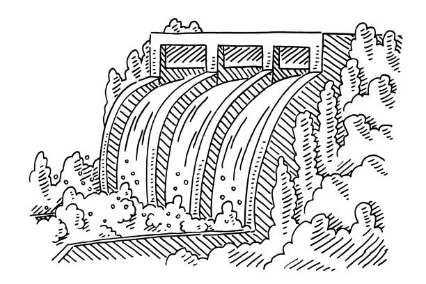 Hydroelectric Power Station Drawing Hand-drawn vector drawing of a Hydroelectric Power Station. Black-and-White sketch on a transparent background (.eps-file). Included files are EPS (v10) and Hi-Res JPG. river clipart stock illustrations