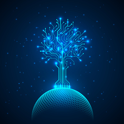 Circuit tree on network sphere. Abstract futuristic hologram sci fi background. Vector illustration