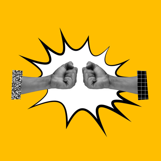 istock Composition with male hands gesturing on bright yellow background. Fight for your rights, tolerance and equality concept. 1332093809