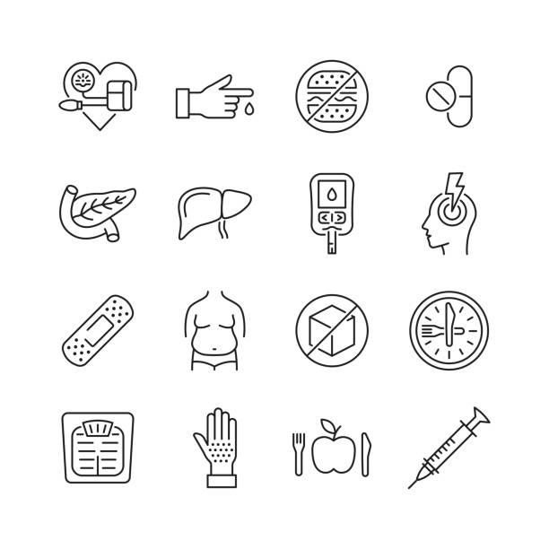 Diabetes prevention and treatment  line icon set. Diabetes prevention and treatment  line icon set.  Symbol of diet, weight control, obesity, liver, pancreas, glucometer, pressure blood monitor, headache. Editable stroke. diabetes stock illustrations