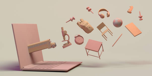 istock Online education concept with computer. Back to school. Screen with floating educational objects. 3D illustration. Copy space. Banner. 1332095620