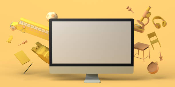istock Online education concept with computer. Back to school. Screen with floating educational objects. 3D illustration. Copy space. Banner. 1332095644