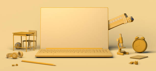 istock Online education concept with laptop. Back to school. Screen with floating educational objects. 3D illustration. Copy space. Banner. 1332095657