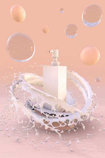 istock 3D abstract background for branding and minimal presentation.Cosmetic white bottle with cream foundation splash and bubbles. 1332095733