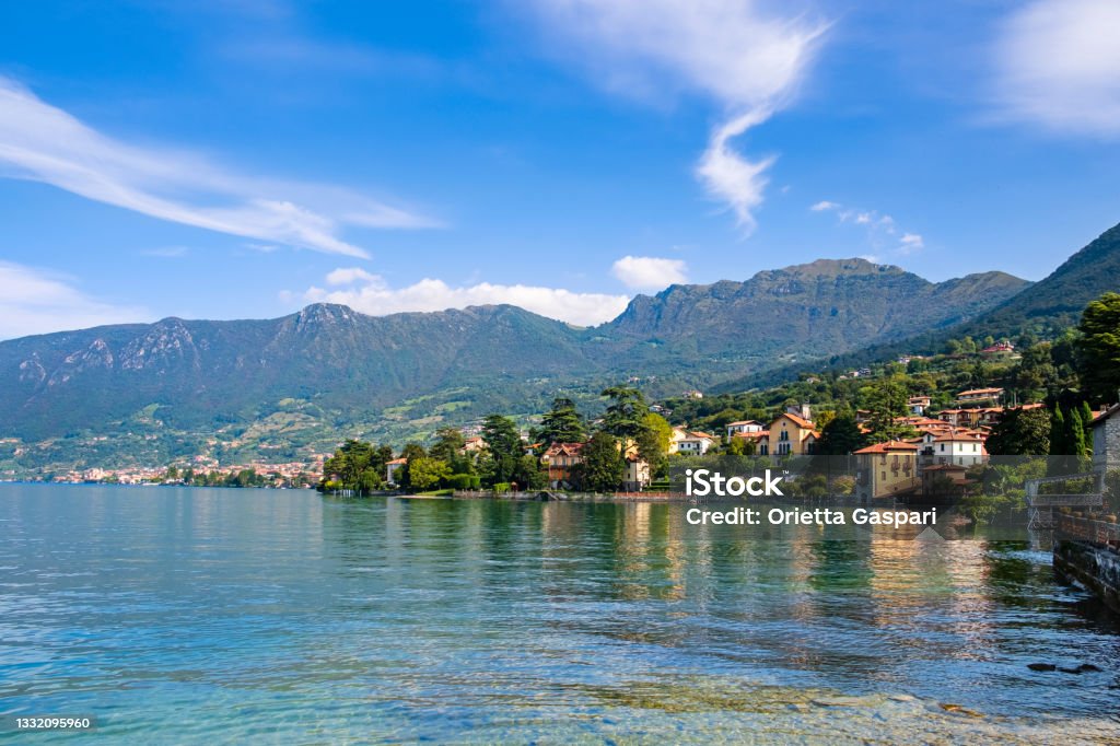 Sulzano, Lake Iseo, Italy Sulzano is a town located at the east shore tip of Lake Iseo Lake Iseo Stock Photo