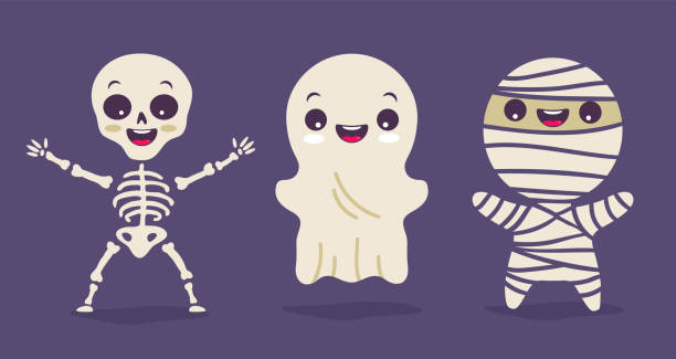 векторная установленная иллюстрация детей в костюмах к хэллоуину. скелет, призрак и мумия. - human skeleton halloween skull human bone stock illustrations