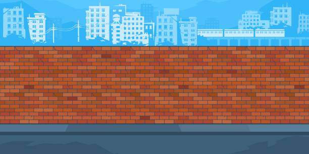 illustrations, cliparts, dessins animés et icônes de mur de briques vide plat avec arrière-plan du modèle d’illustration vectorielle du paysage urbain - mur illustrations