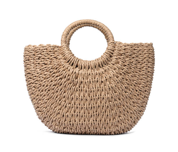 istock Stylish straw beach bag isolated on white. Summer accessory 1332097515