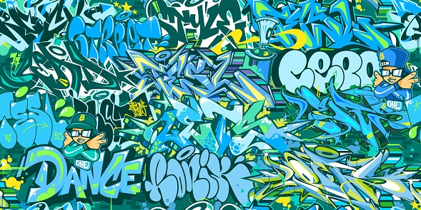 Abstract Blue Urban Graffiti Street Art Seamless Pattern. Vector Illustration Background