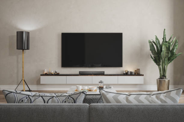 moderno interior de la sala de estar con smart tv, sofá, lámpara de pie y planta en maceta - cuarto de estar fotografías e imágenes de stock