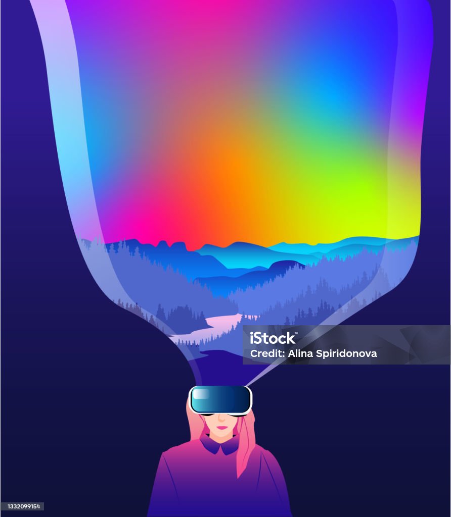 Woman in VR headset exploring cyberspace with bright rainbow mountain landscape. Concept of virtual or augmented reality Modern editable vector illustration. Augmented Reality stock vector