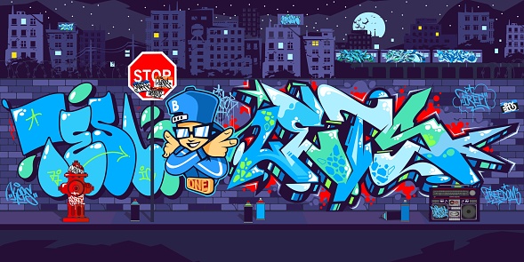 Dark Outdoor Urban Graffiti Wall With Drawings At Night Against The Background Of The Cityscape Vector Illustration