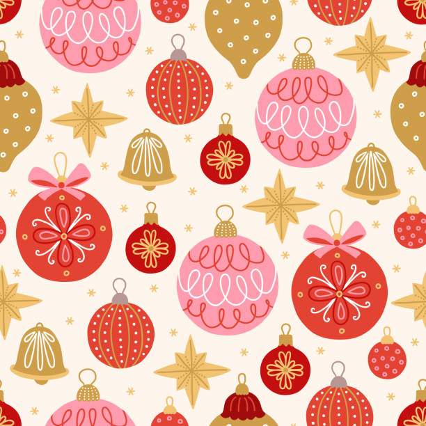 ilustrações, clipart, desenhos animados e ícones de padrão perfeito de natal com bolas, sinos, estrelas e flocos de neve - pink christmas christmas ornament sphere